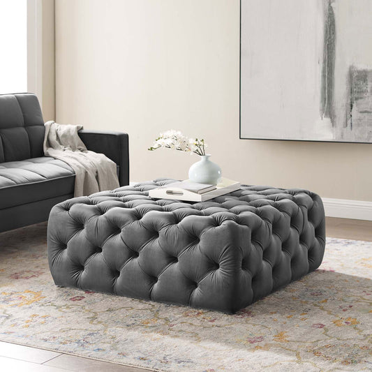 Amour Tufted Button Large Square Performance Velvet Ottoman in Gray - Quality, Style, and Functionality for Your Home - Just Home Furniture™