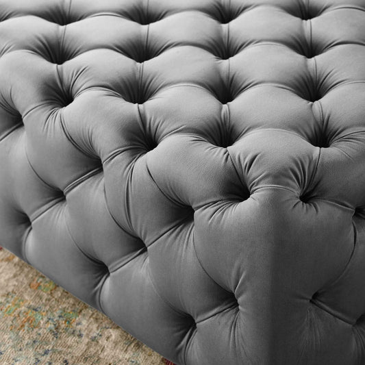 Amour Tufted Button Large Square Performance Velvet Ottoman in Gray - Quality, Style, and Functionality for Your Home - Just Home Furniture™