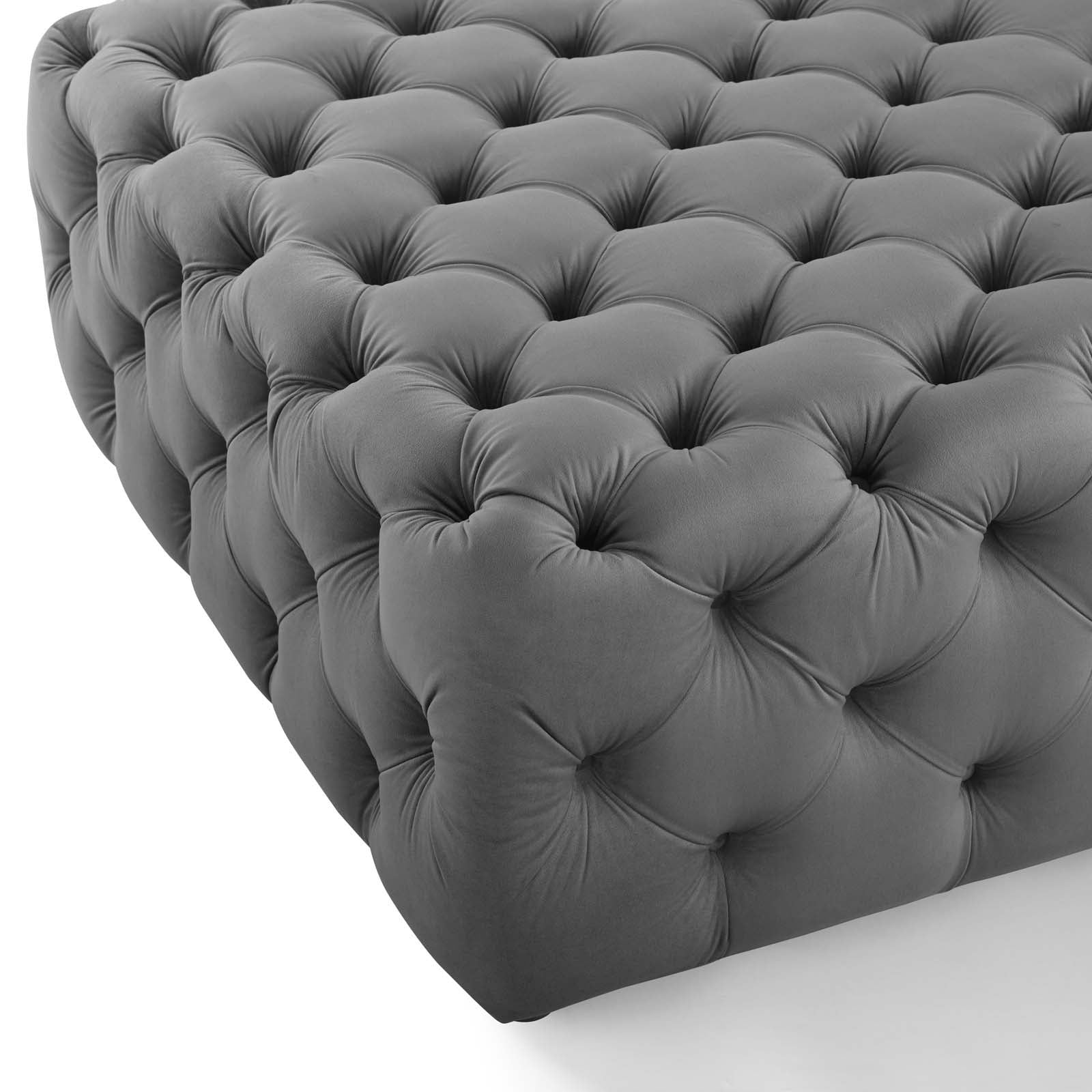 Amour Tufted Button Large Square Performance Velvet Ottoman in Gray - Quality, Style, and Functionality for Your Home - Just Home Furniture™