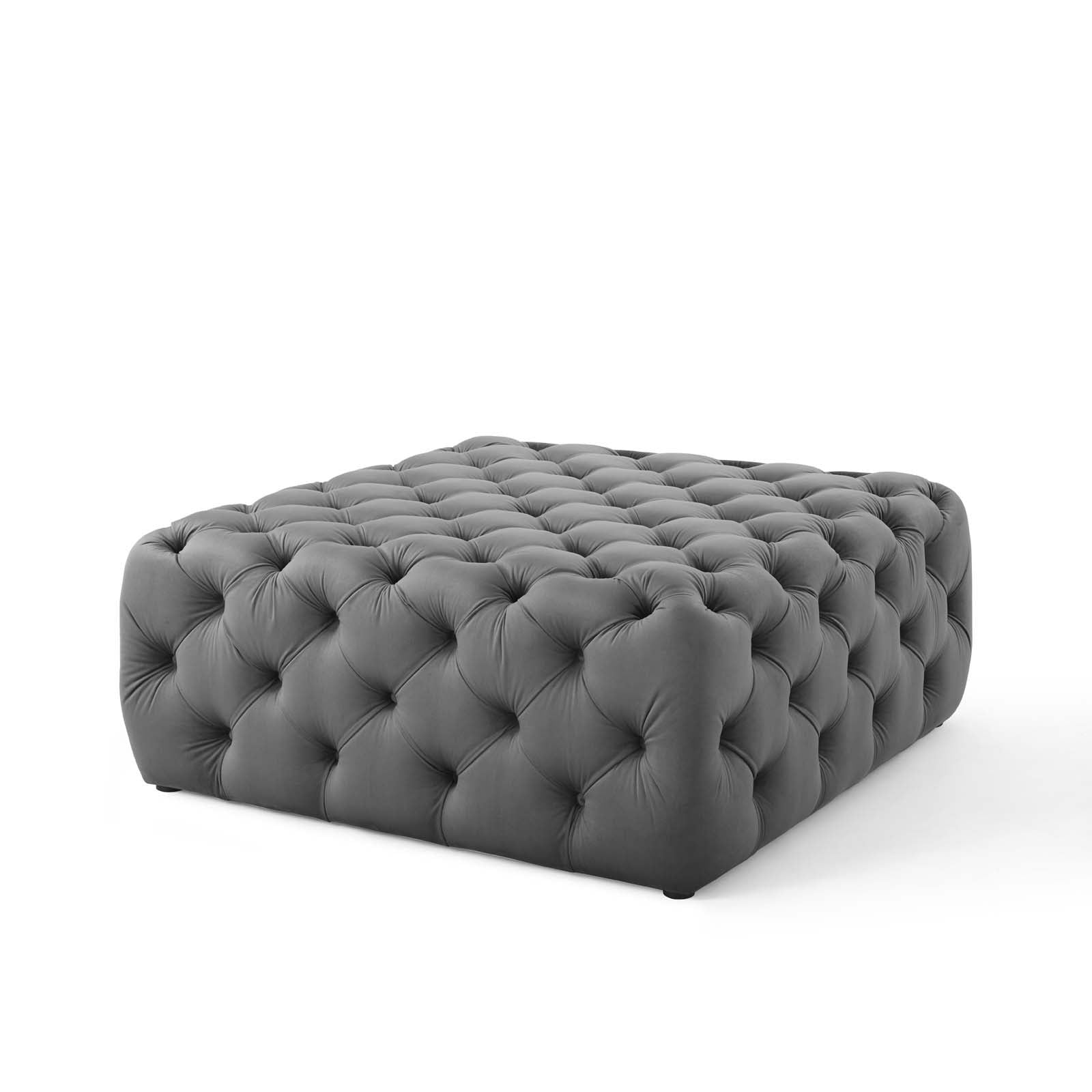 Amour Tufted Button Large Square Performance Velvet Ottoman in Gray - Quality, Style, and Functionality for Your Home - Just Home Furniture™