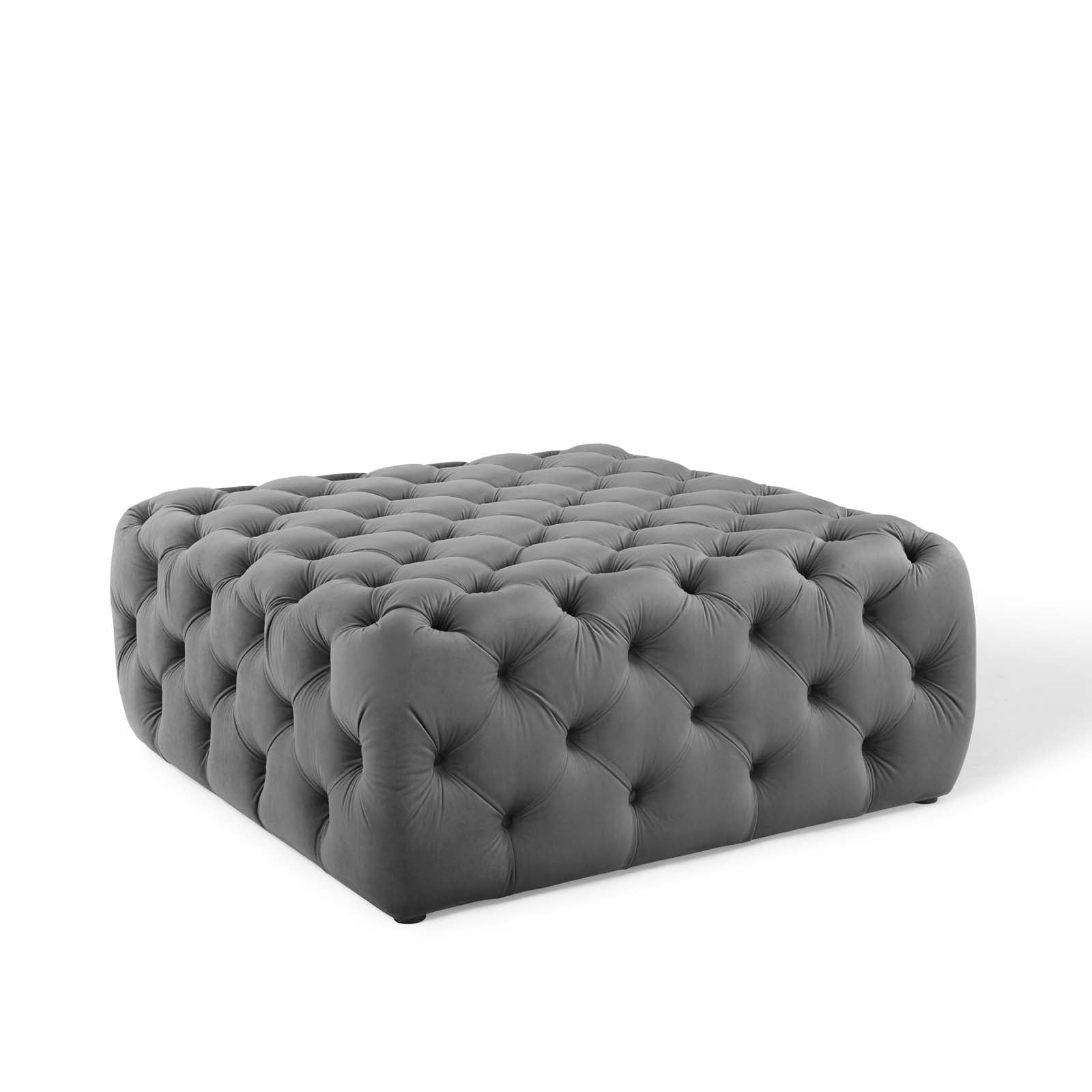 Amour Tufted Button Large Square Performance Velvet Ottoman in Gray - Quality, Style, and Functionality for Your Home - Just Home Furniture™