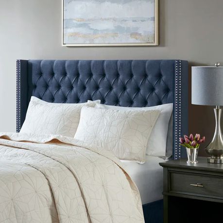 Candice Upholstered Wingback Button Tufted Headboard in Dark Blue - Quality, Style, and Functionality for Your Home - Just Home Furniture™