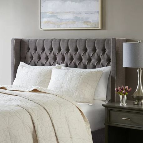Candice Upholstered Wingback Button Tufted Headboard in Grey Beige - Quality, Style, and Functionality for Your Home - Just Home Furniture™