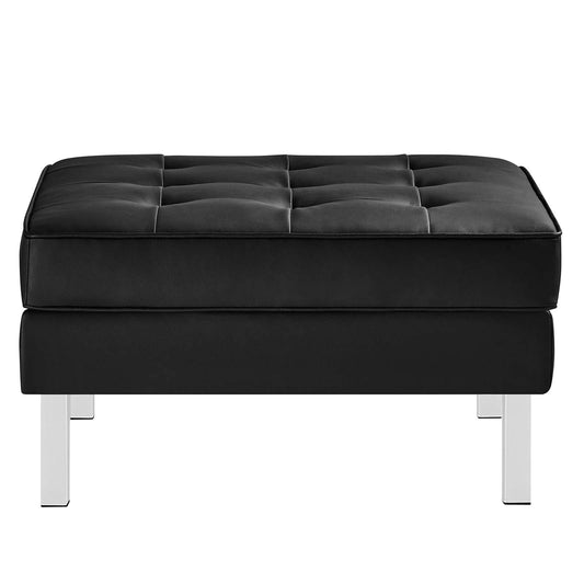 Loft Tufted Upholstered Faux Leather Ottoman in Silver Black