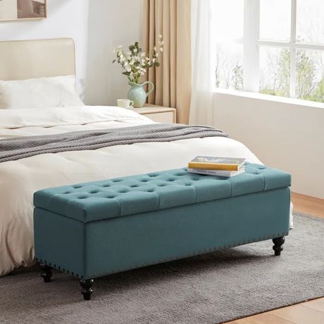 Katz Klasic Upholstered Storage Ottoman in Blue Velvet - Quality, Style, and Functionality for Your Home - Just Home Furniture™