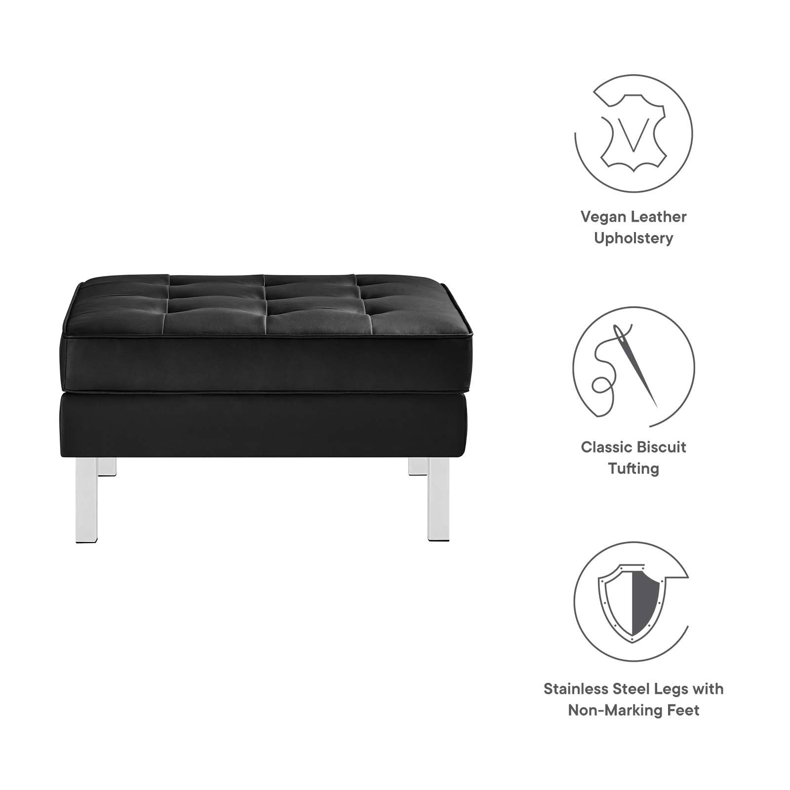 Loft Tufted Upholstered Faux Leather Ottoman in Silver Black - Quality, Style, and Functionality for Your Home - Just Home Furniture™